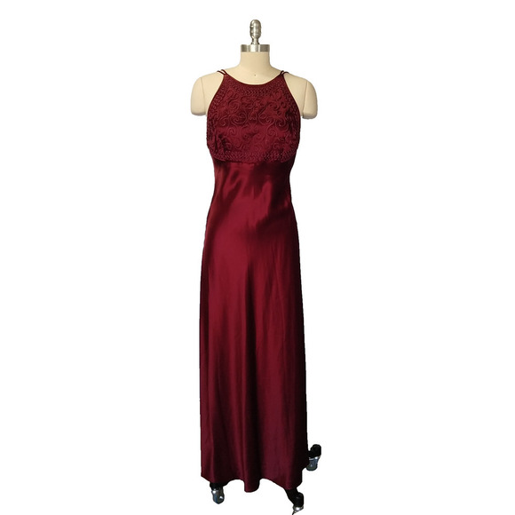 Vintage 90s Prom Dress Size S Burgundy Satin Maxi Strappy High Neck Blondie & Me - Picture 2 of 13